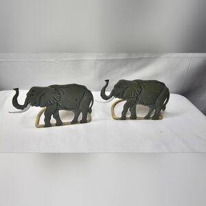 Metal Elephant Tea Light Holders Set Of 2 Gray And Tan Trunk Up